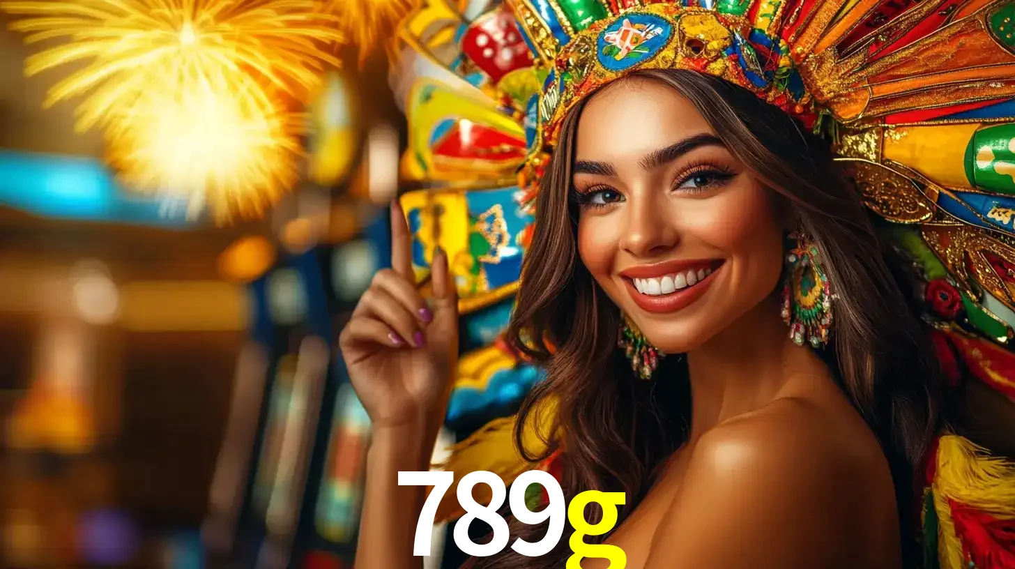 Mulher sorridente com um cocar de carnaval vibrante e colorido, celebrando uma grande vitória nos jogos do cassino 789g com fogos de artifício ao fundo.