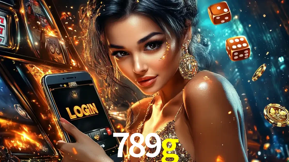 Mulher glamourosa segurando um celular com a tela de login do cassino 789g, rodeada por dados e moedas douradas, pronta para começar a diversão.