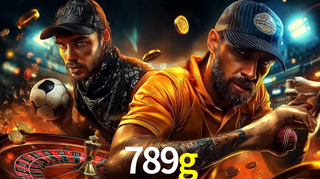 Montagem de apostas esportivas e cassino no 789g, com um homem segurando uma bola de futebol e outro uma de beisebol sobre uma roleta e moedas voadoras.