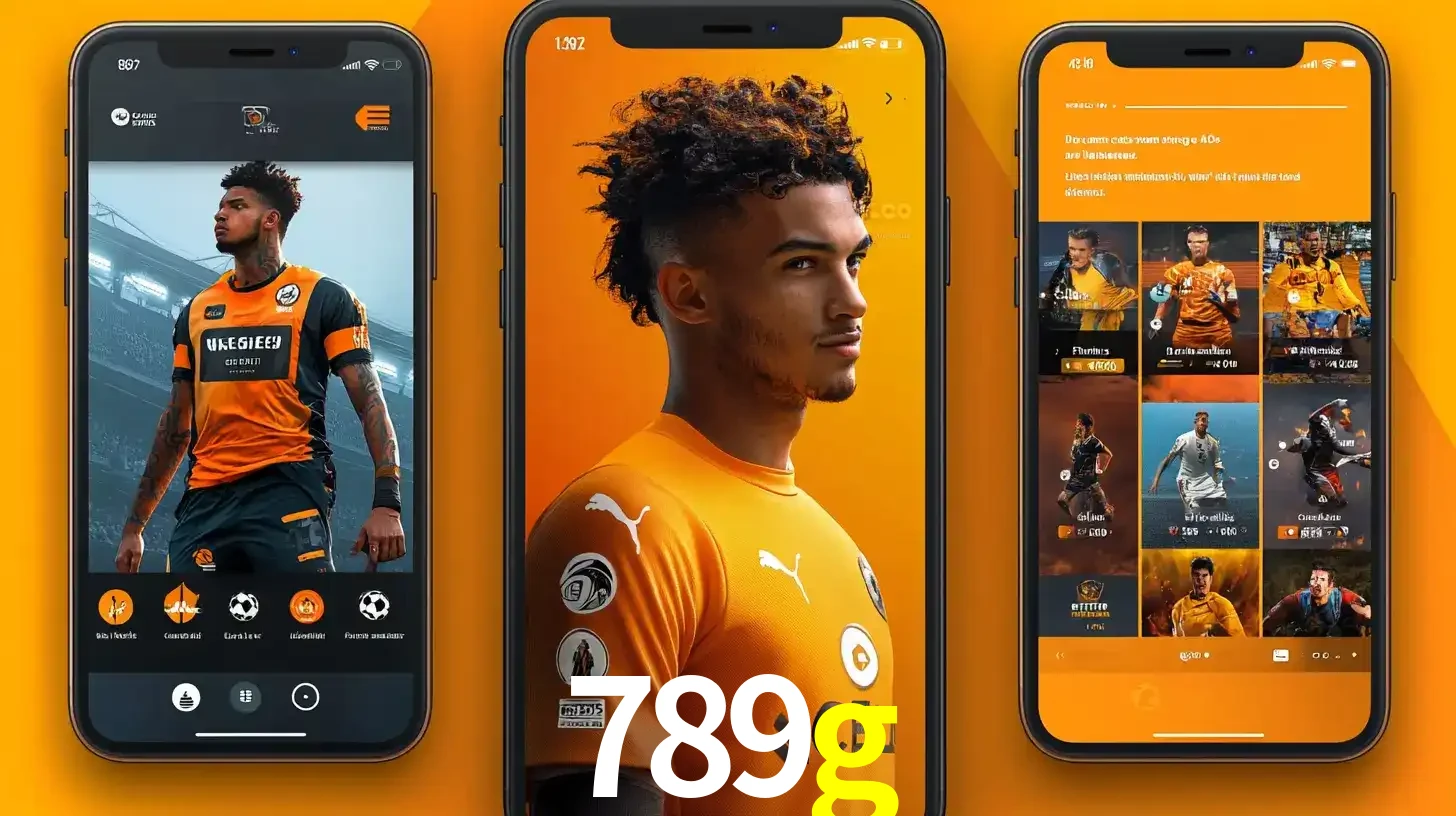 Interface do aplicativo de apostas esportivas 789g em três telas de celular, mostrando o perfil de um jogador de futebol e a lista de jogos disponíveis para apostar.