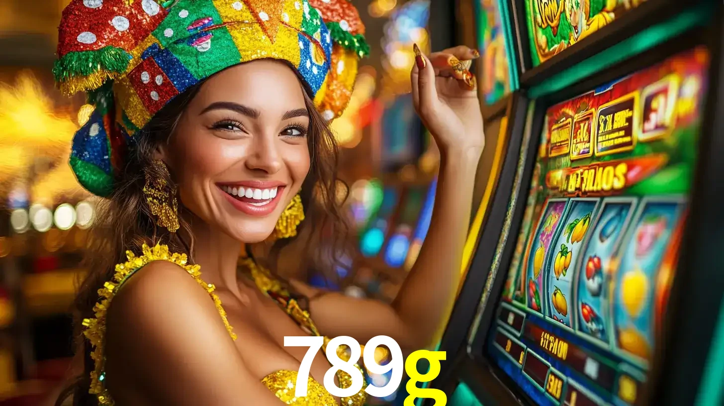 Mulher feliz com traje de carnaval amarelo e colorido ao lado de uma máquina de caça-níqueis, aproveitando a diversão e os jogos temáticos do cassino 789g.