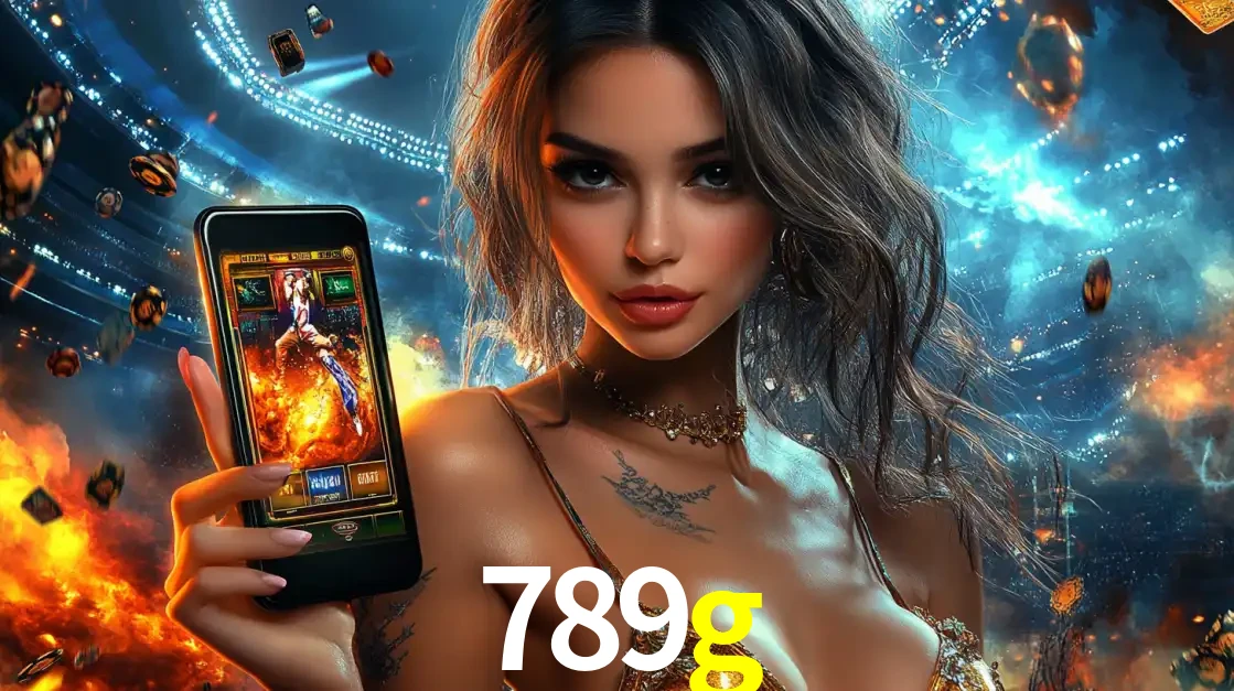Mulher segurando um celular com um jogo de slot em destaque, tendo como fundo um estádio vibrante, simbolizando a emoção de jogar no cassino móvel 789g.