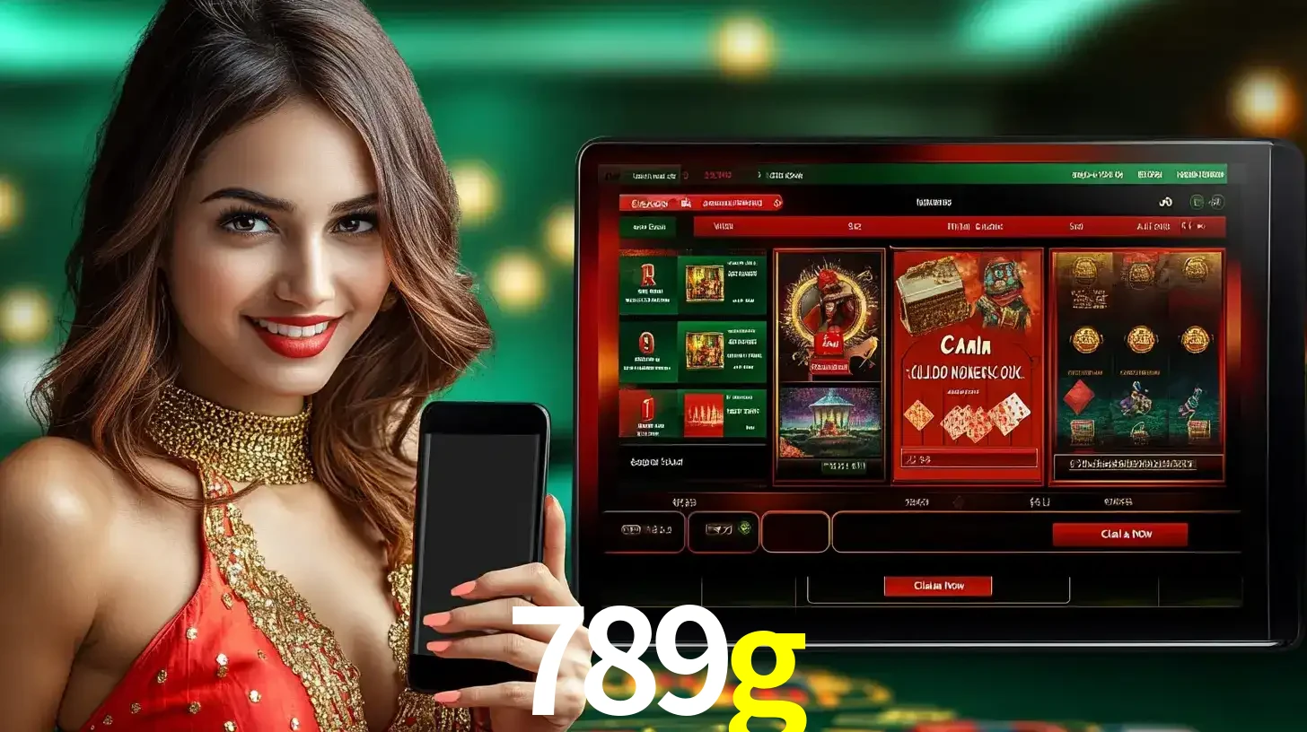 Mulher sorridente segurando um smartphone, ao lado de uma tela exibindo o lobby de jogos do cassino online 789g, com várias opções de jogos de cartas e slots.